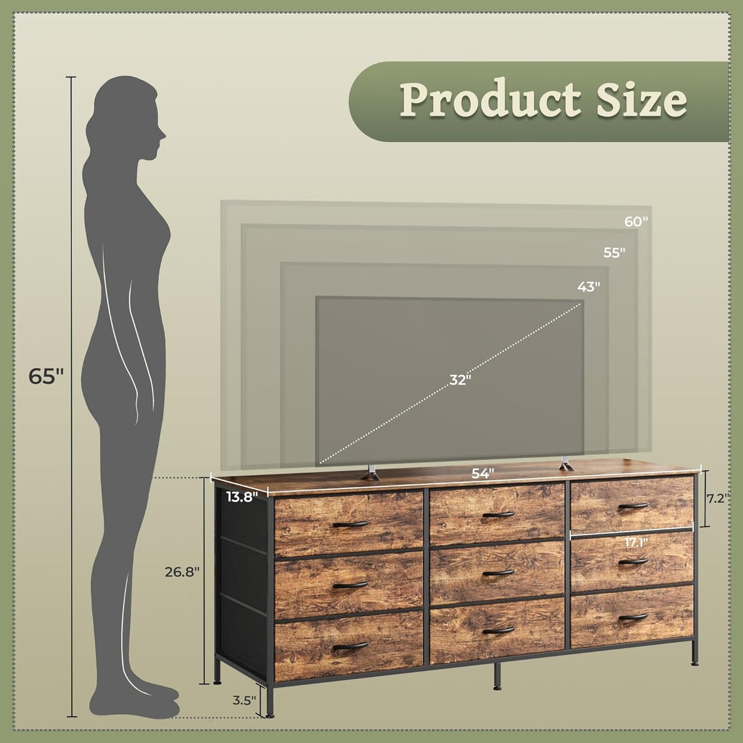 9 Drawer Dresser, 55 Inch Dresser TV Stand for 55, 60 Inch TV, Entertainment Center with Drawers, Large Storage Fabric Dresser for Bedroom, Closet, Rustic Brown-2