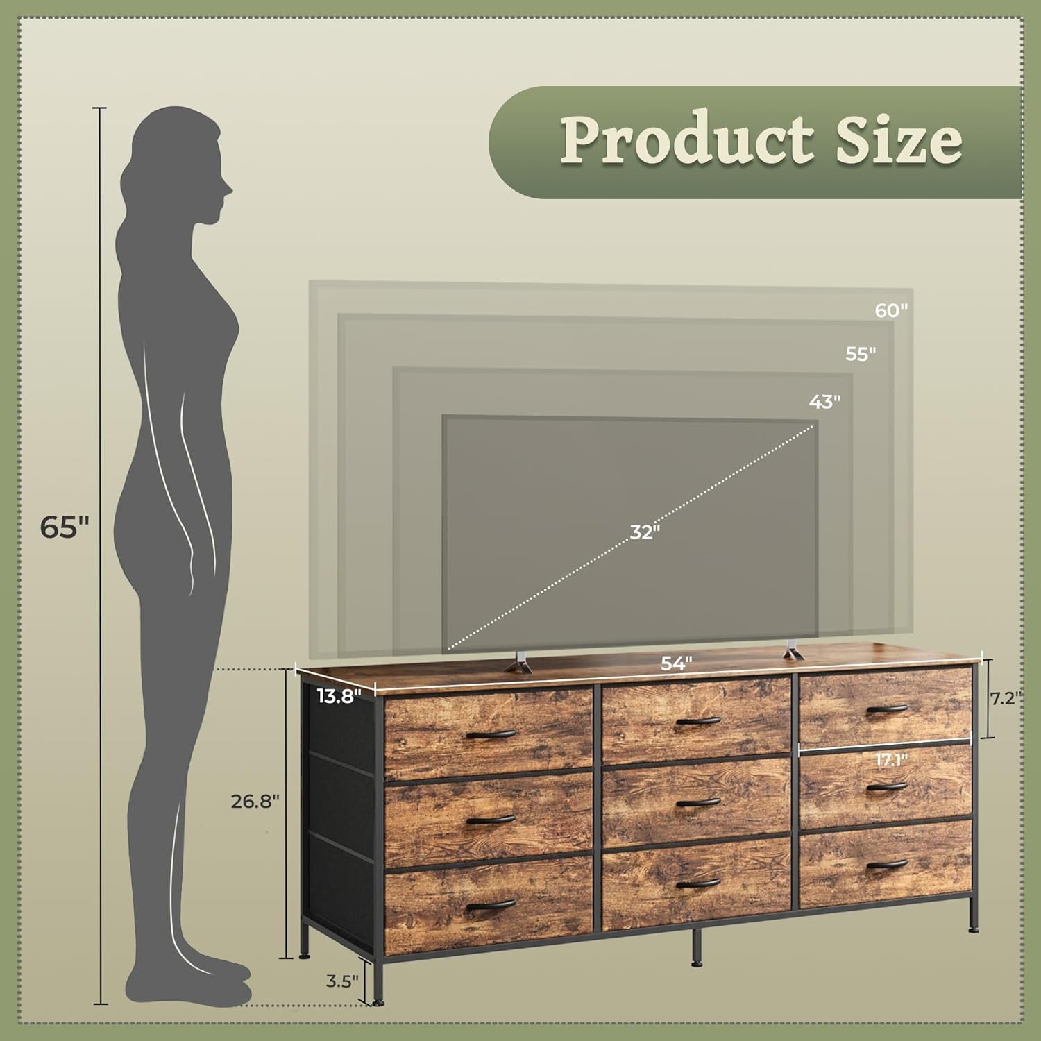 9 Drawer Dresser, 55 Inch Dresser TV Stand for 55, 60 Inch TV, Entertainment Center with Drawers, Large Storage Fabric Dresser for Bedroom, Closet, Rustic Brown-2