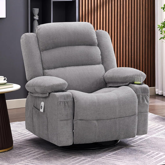 Rocker Recliner Chair with Heat and Massage, 360° Swivel Recliner Chairs for Adults, Oversized Recliner Single Sofa Seat with Cup Holders, Lazy Boy Recliner Single Sofa Seat, Grey-0