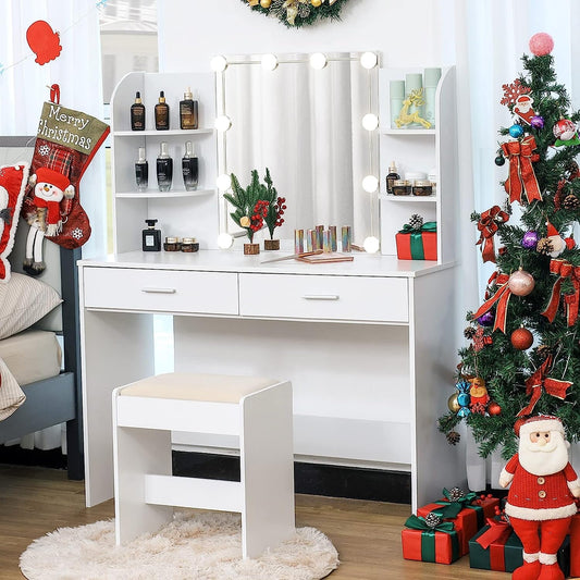 Large Vanity Set with 10 Light Bulbs, 2 Drawers (White)-0