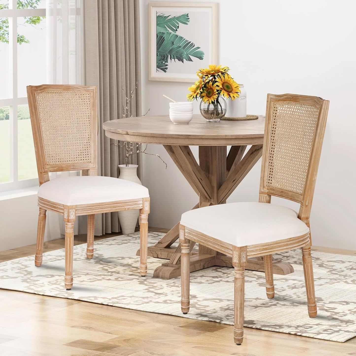 Dining Chairs Set of 2 Beige Rattan Square Back with Solid Wood Legs and Frame for French Country Kitchen Dining Room-3