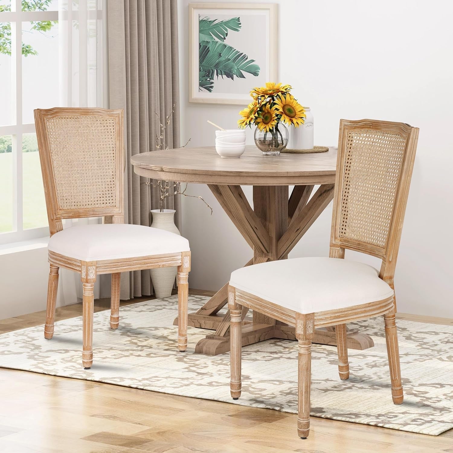 Dining Chairs Set of 2 Beige Rattan Square Back with Solid Wood Legs and Frame for French Country Kitchen Dining Room-3