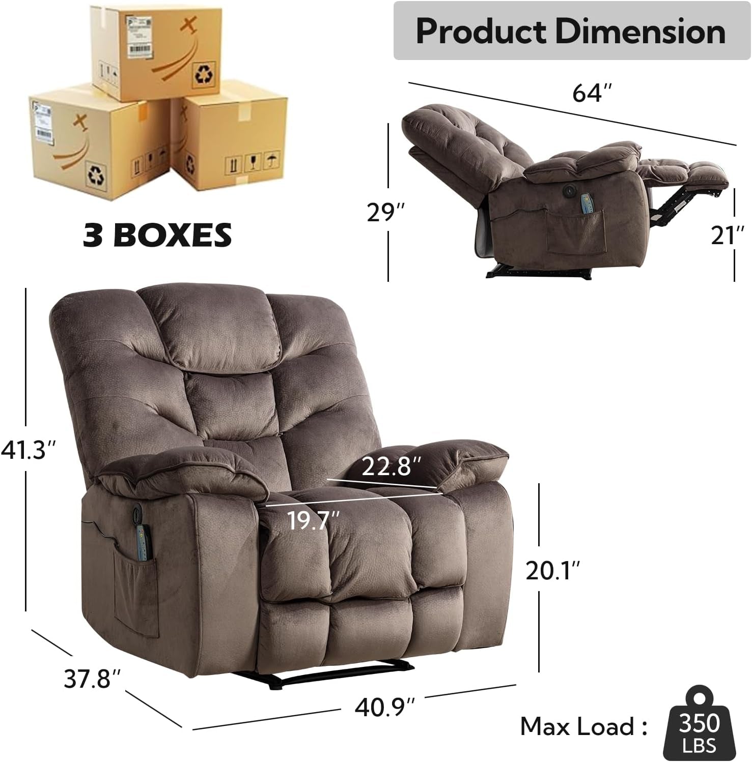 Oversized Power Recliner Chairs with Massage and Heat, 41" Wide Electric Reclining Chair with USB Port, Breathable Fabric Overstuffed Reclining Sofa for Living Room Bedroom (No Lift)-1