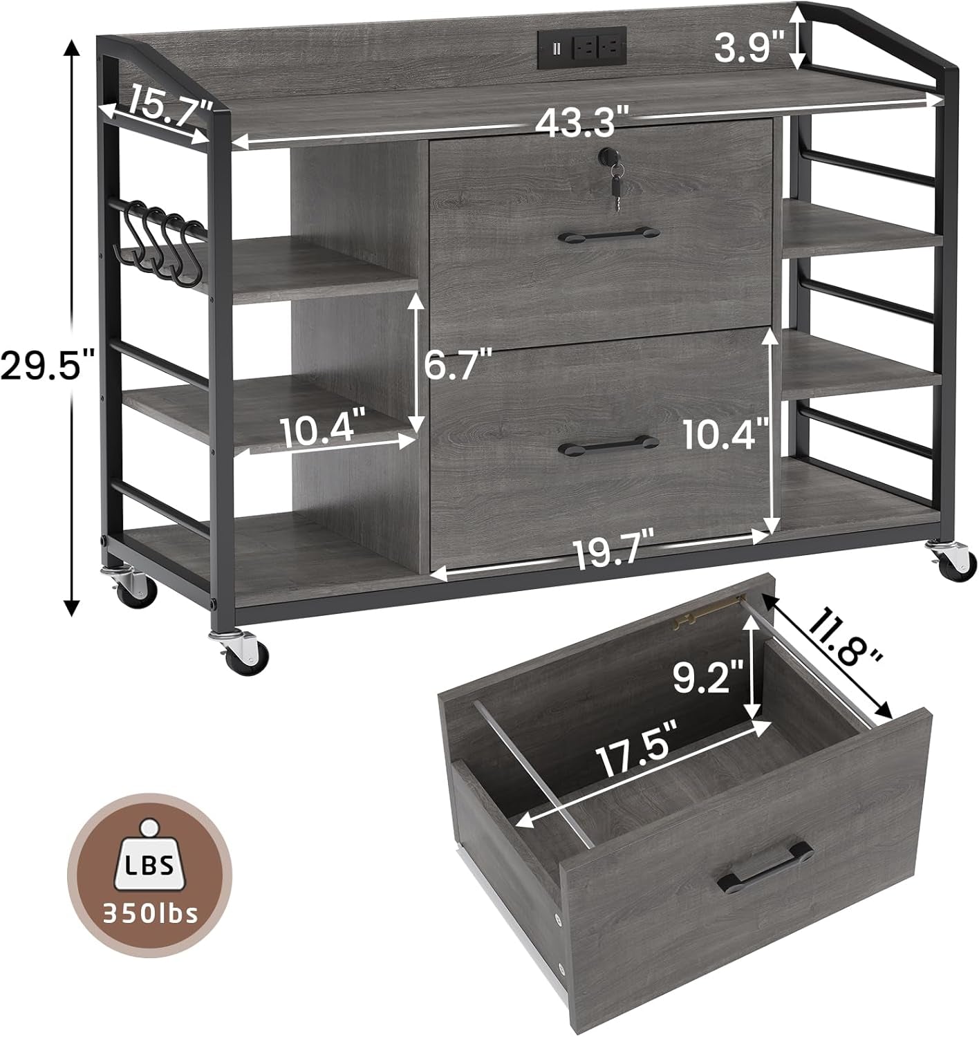 44" File Cabinet, Filing Cabinet Fits Legal/Letter Size, 2 Drawer File Cabinets for Home Office with Lock, Power Strip, 6 Storage Shelves, Grey-1