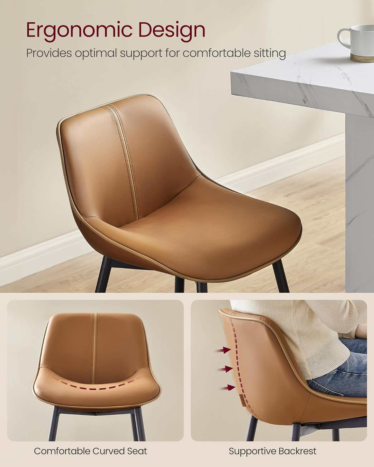 Bar Stools Set of 2, Bar Height Bar Stools with Back, Ergonomic Backrest, Synthetic Leather, Metal Legs, 28.7-Inch Tall Stools for Kitchen Island Home Bar, Caramel Brown ULBC888K01-3