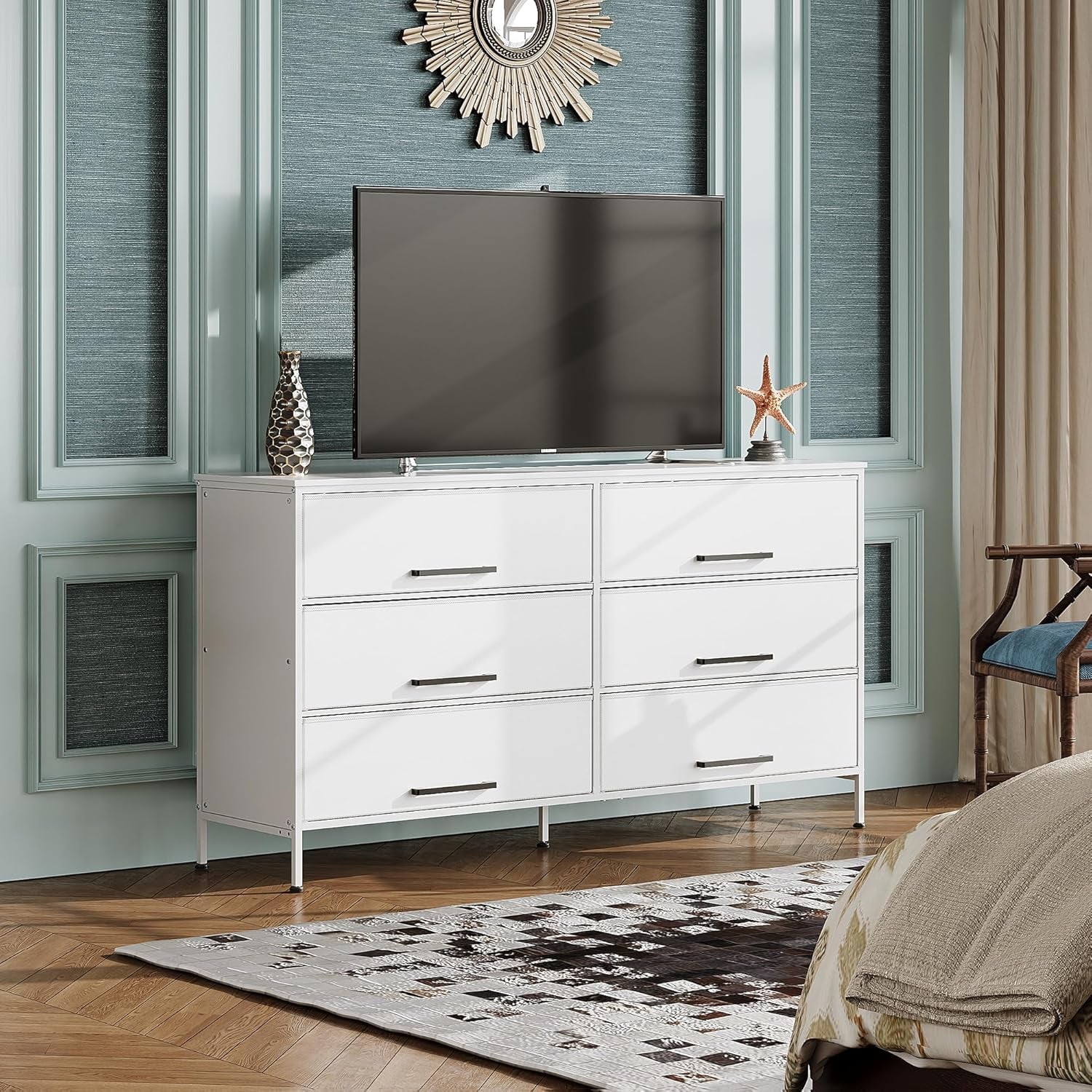 Wide Fabric Dresser, 6 Drawer Dresser TV Stand for 68" TV, Dressers Bedroom Furniture Large Storage Tower Unit with Fabric Bins, White Dresser for Bedroom, Closet, Hallway, White-1