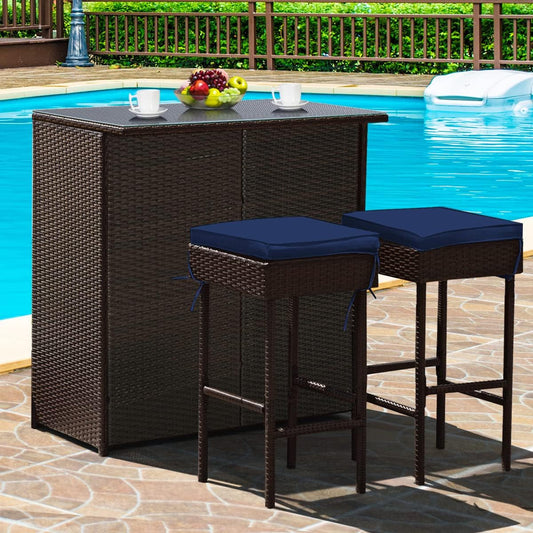 Patio Bar Set, 3 Piece Outdoor Rattan Wicker Bar Set with 2 Cushions Stools & Glass Top Table, Navy & off White Cover, Outdoor Furniture Set for Patios Backyards Porches Gardens Poolside-1