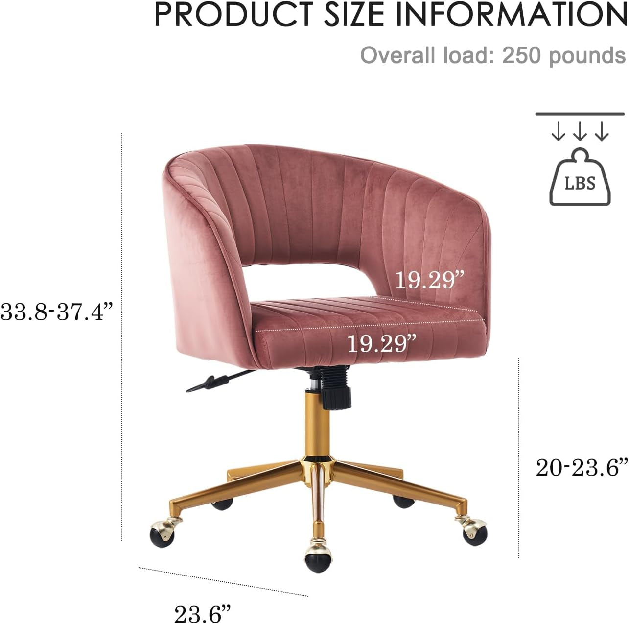 Home Office Chair Swivel Velvet Desk Chair, Vanity Chair with 360 Swivel Armchair and Gold Base,For Living Room, Bedroom, Vanity, Study (Pink)-2