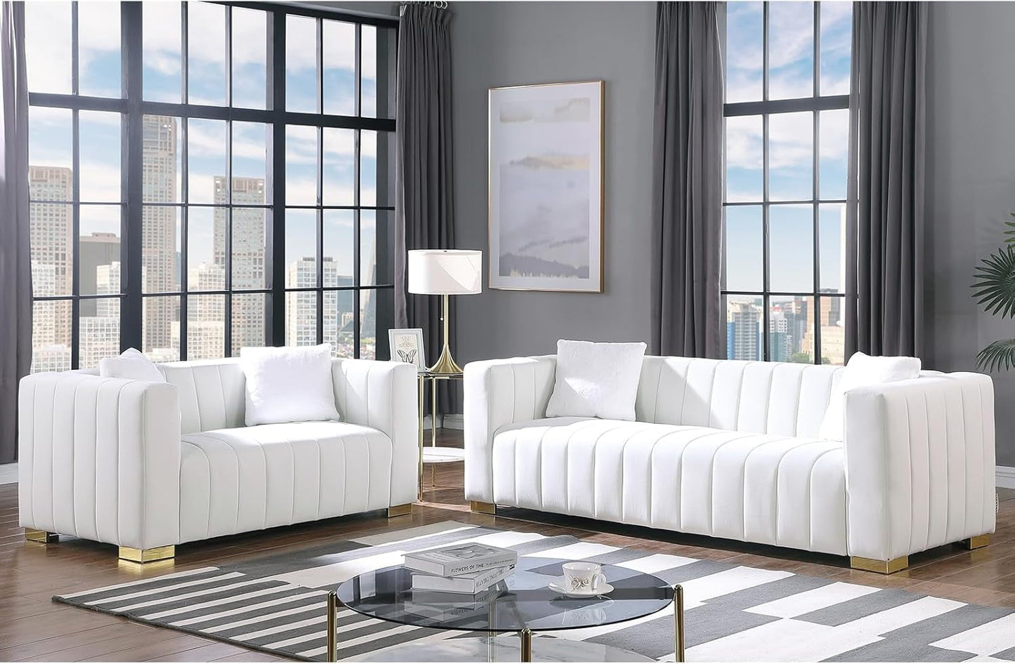 2 Piece Living Room Furniture Set, Including Loveseat and 3-Seater Sofa Couch with Channel Tufted Velvet Fabric, 4 Pillows for Bedroom Apartment, White-0