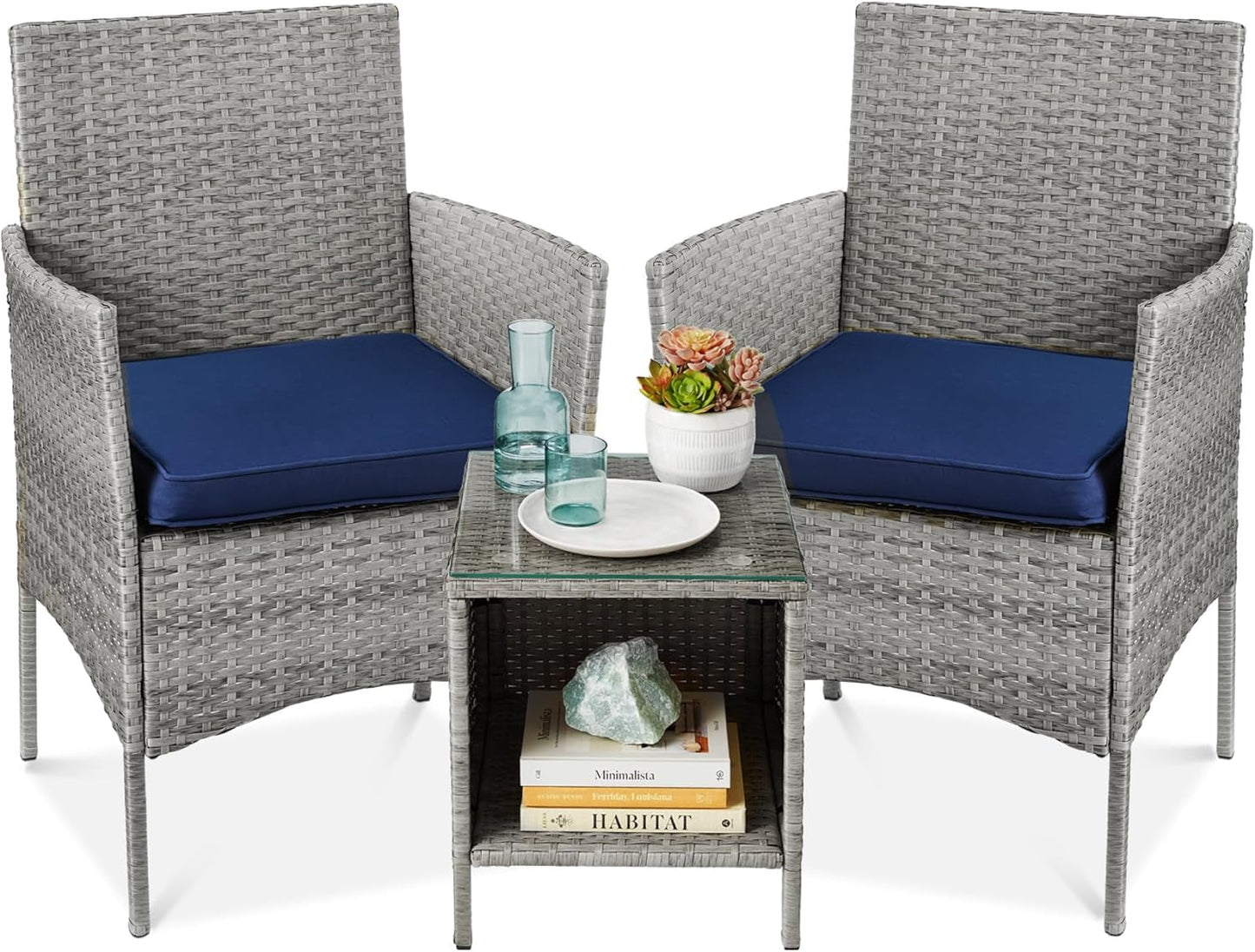 3-Piece Outdoor Wicker Conversation Bistro Set, Space Saving Patio Furniture for Garden W/Side Table - Gray/Navy-0