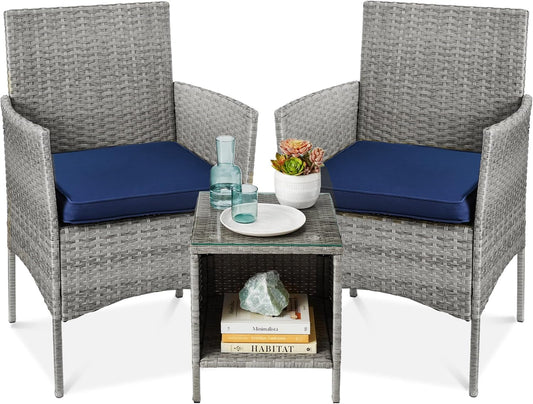 3-Piece Outdoor Wicker Conversation Bistro Set, Space Saving Patio Furniture for Garden W/Side Table - Gray/Navy-0