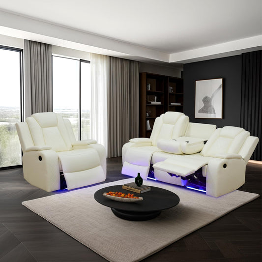 Power White Leather Reclining Sofa Set with LED Light for Living Room Set，Theater Seat Recliner Chair and 3 Seats Double Recliner Sofa with Drop-Down Table/Read Light/Wireless Charge/Usb Port-0