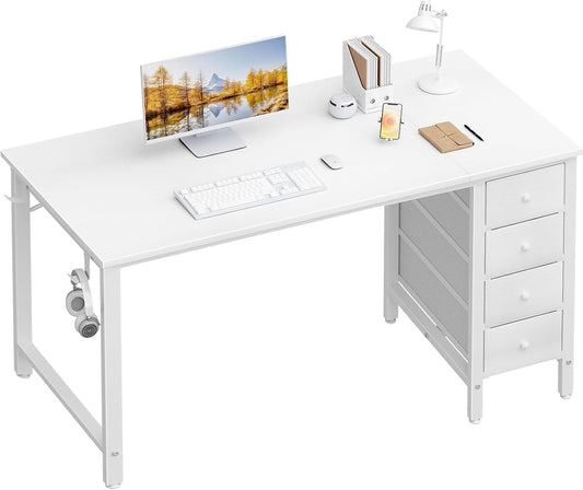 55" White Computer Desk with Fabric Drawer-1