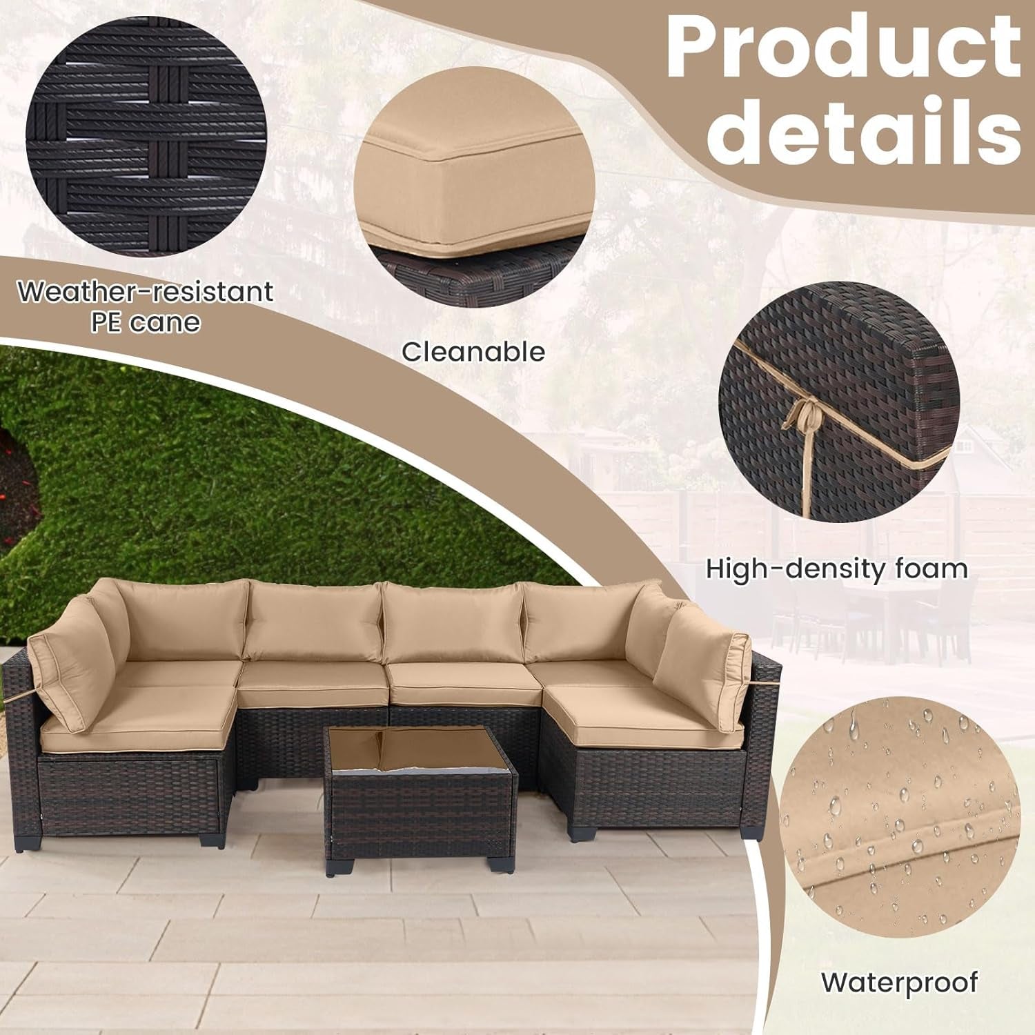 7 Pieces Outdoor Patio Furniture Sets,Rattan Conversation Sectional Set,Manual Weaving Wicker Patio Sofa with Tea Table-3