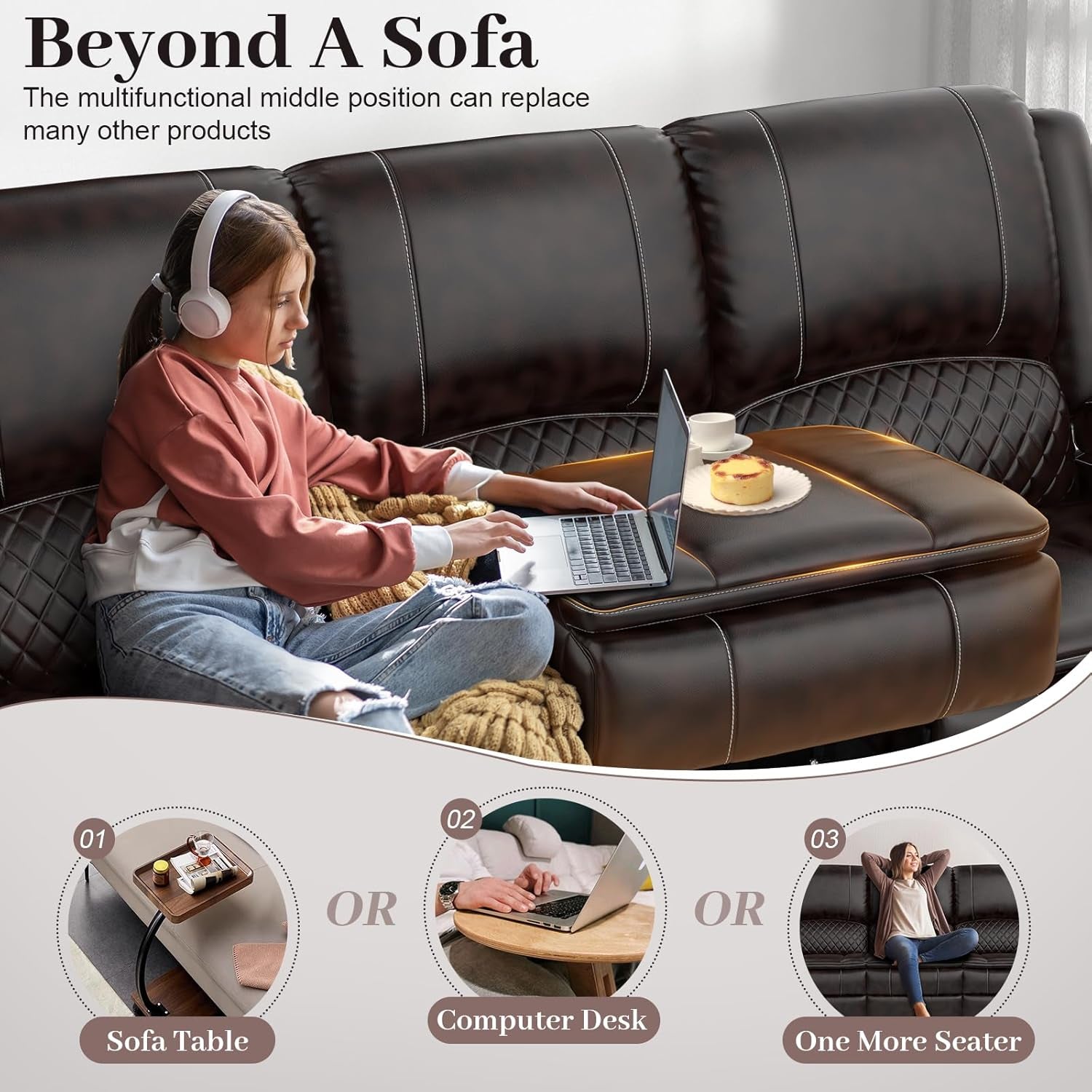 3-Seater Recliner Sofa, Manual Reclining Couch with Multi-Functional Middle Seat, Reclining Sofa for Living Room with Hidden Storage Space, Cup Holders, and Removable Console - Brown-2