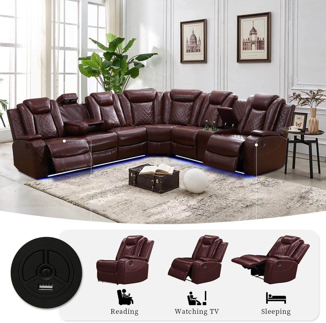 Living Room Set  Brown L-Shaped Leather Sofa Living Room Furniture Set Power Recliner Adjustable Sofa, Loveseat, Chair with Cup Holder/Storage Console/Led Light/Ups Port for Office, Living Room-2