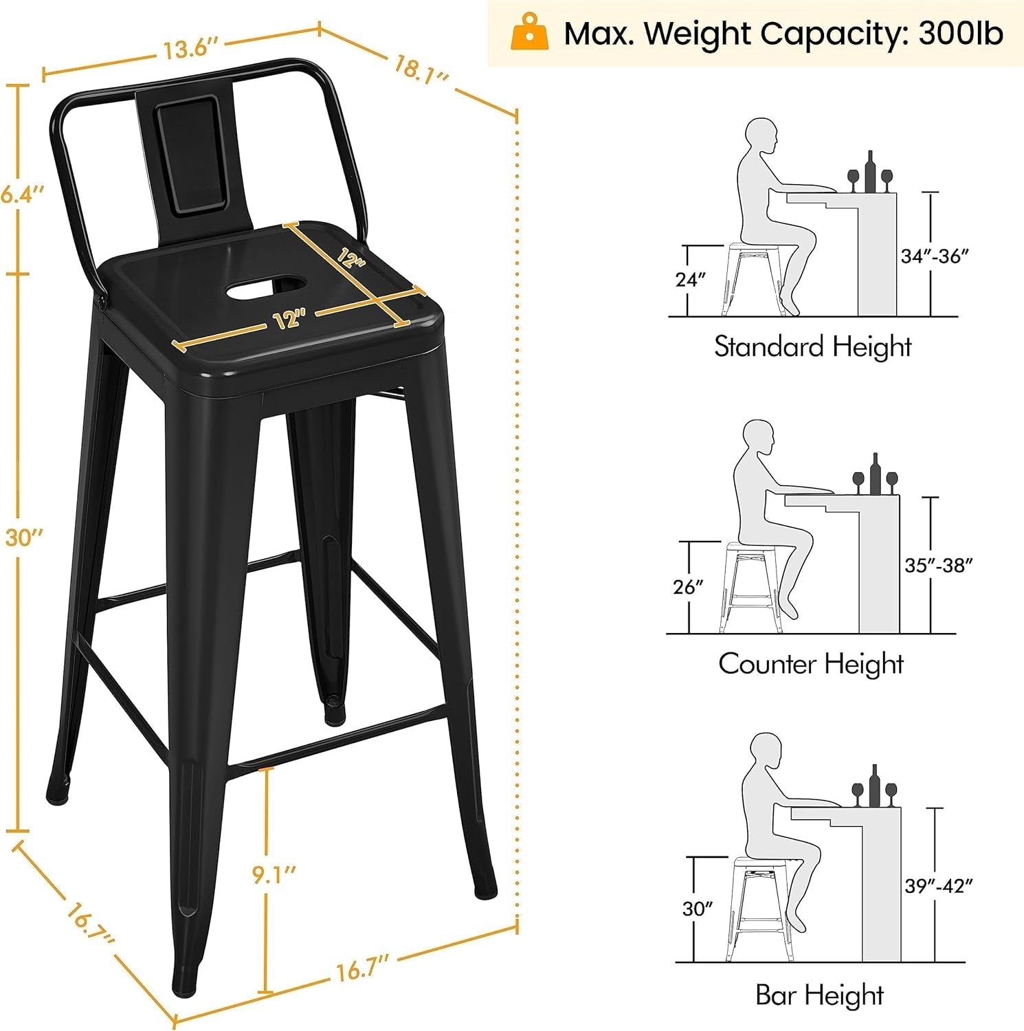 30 Inch Metal Bar Stools Set of 4 Bar Height Barstools Kitchen Chair Industrial Bar Stools with Low Back for Indoor Outdoor Use Matte Black-2