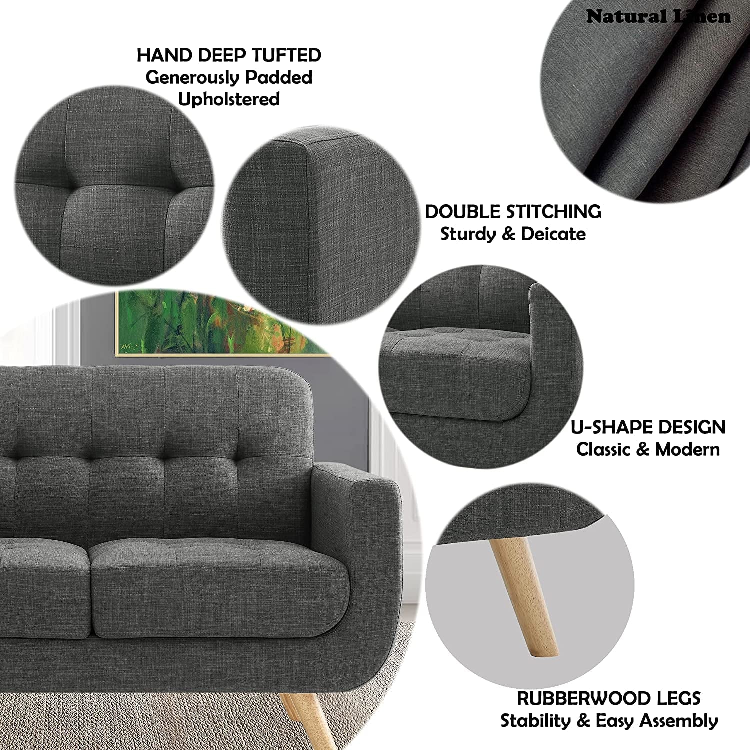 Elena Linen Accent Armchair, 2-Seat, Dark Gray-3