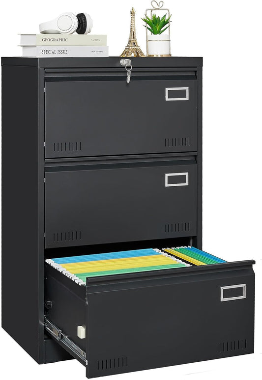 Lateral File Cabinet 3 Drawer File Cabinet with Lock and Card Holder, Metal Steel Lockable Drawer File Cabinets under Desk for Home Office Legal/Letter/F4/A4 Black-0