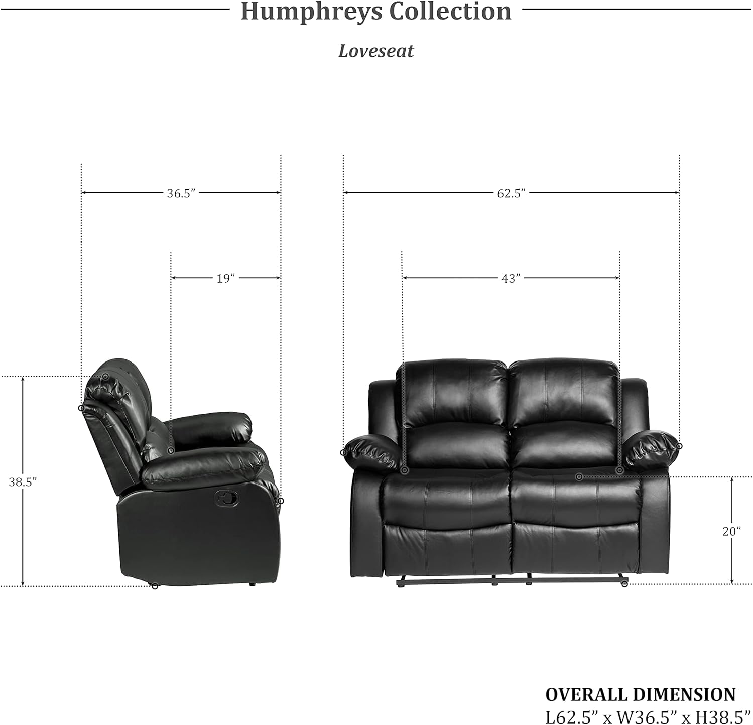 62.5" Black Wall Hugger Recliner Loveseat-4