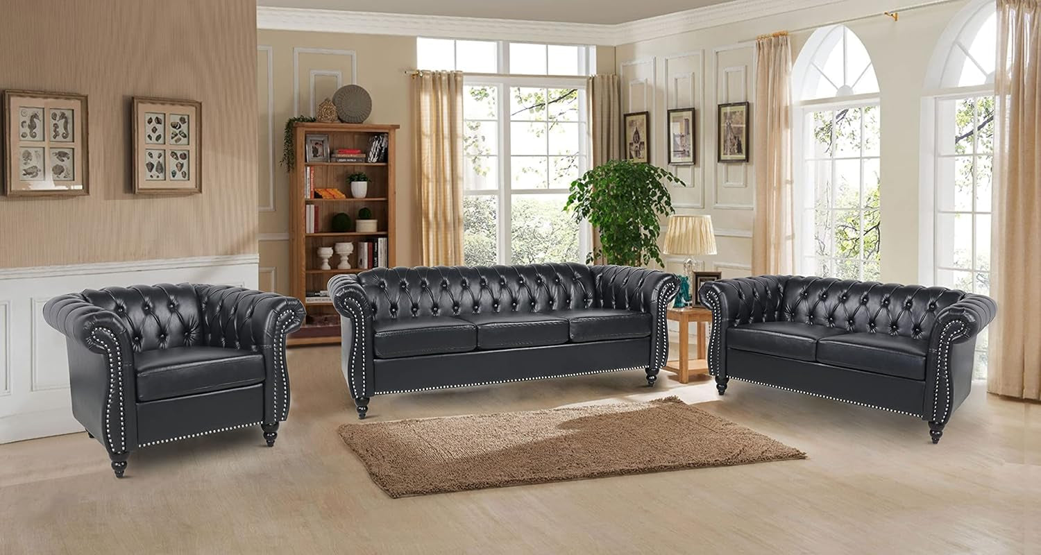 Modern 3 Seater PU Chesterfield Sofa, Upholstered Tufted Button Leather Chesterfield Couch, Classic Faux Leather Settee with Nailhead Trim Scroll Arms for Living Room Bedroom(Black)-2