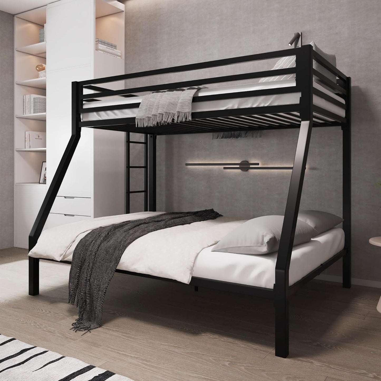 Metal Bunk Bed Twin over Full Size for Junior & Adults with Ladder and Heavy Duty Guardrail, Small Space Saving Design for Bedroom Kid Room and Dorm, Black-2