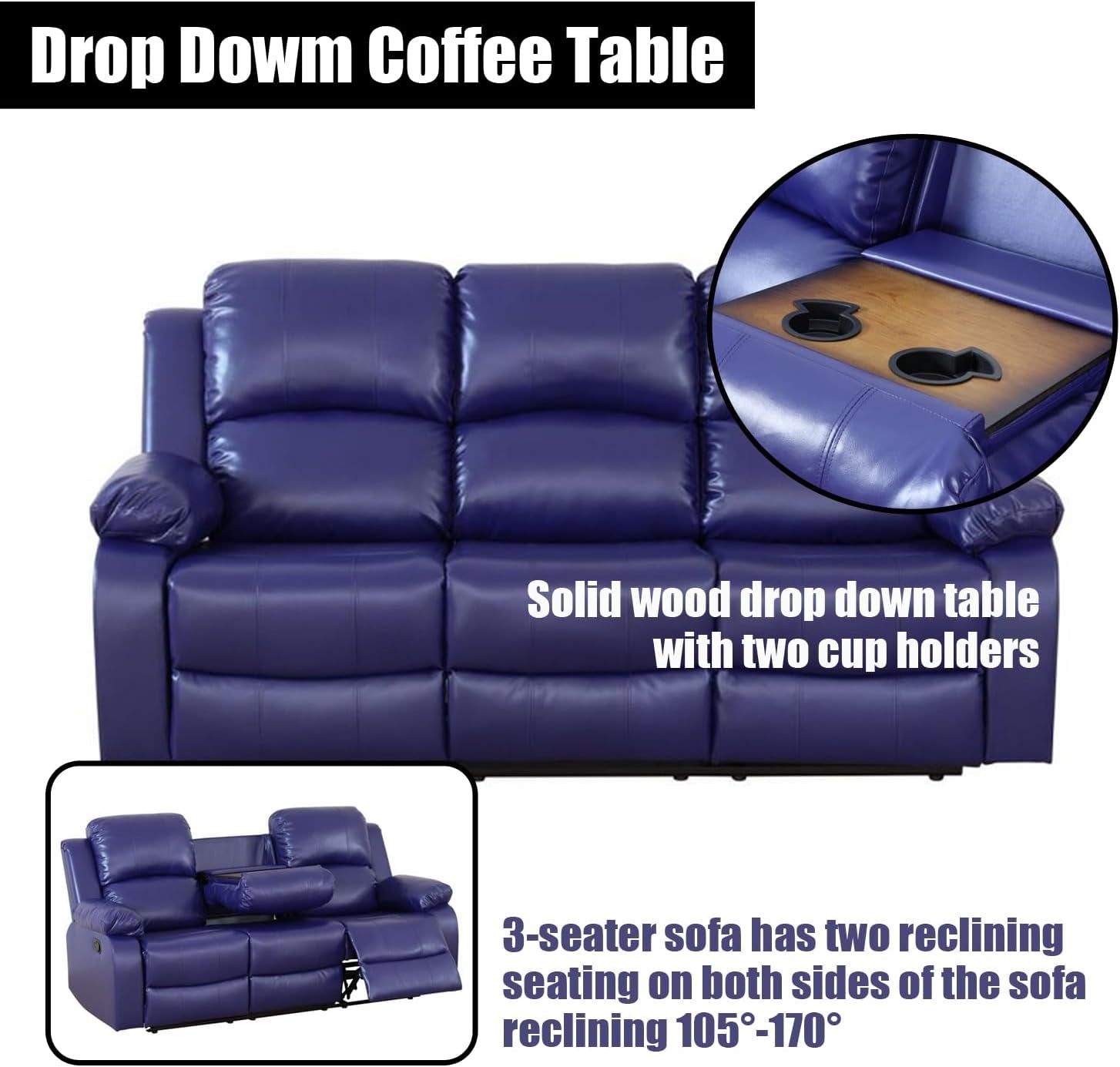 Blue Leather Reclining Sofa Set for Living Room Set,Recliner Sofa with Drop down Table/Double Recliner Loveseat with Storage Console/Recliner Chair/Faux Leather-2