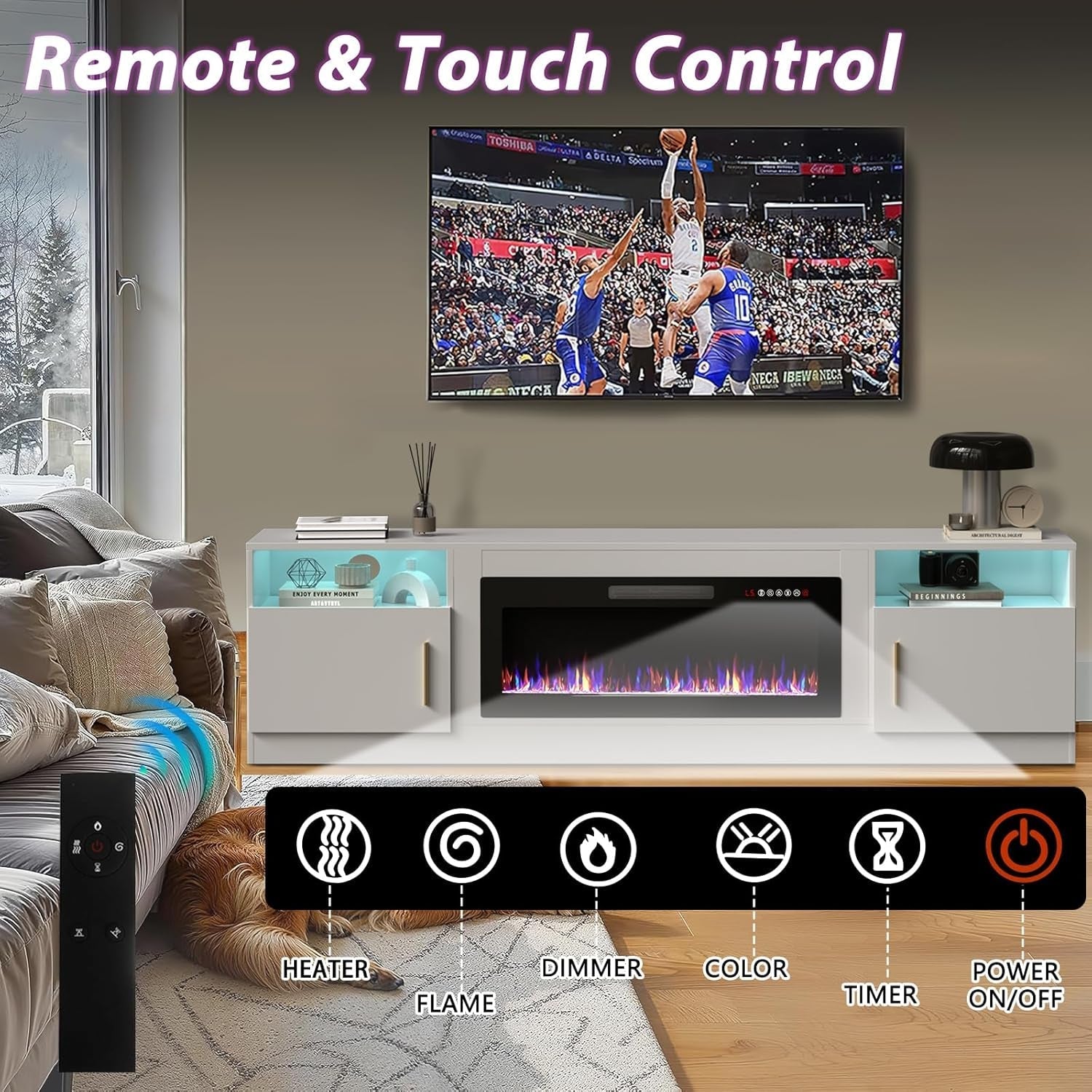 Fireplace TV Stand with 36" Fireplace，80" TV Stand with LED Light for Tvs up to 85"，Entertainment Center Console Table with Highlight Storage Cabinets (White)-4