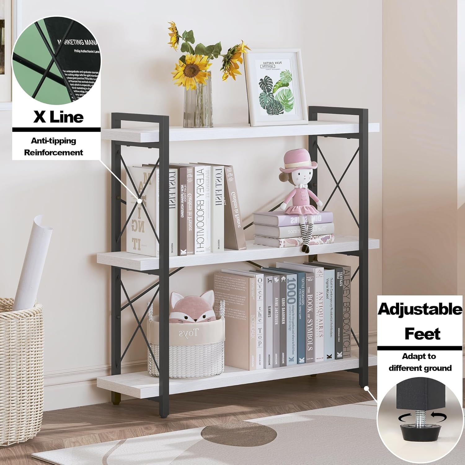 Bookshelf, 3-Tier Industrial Bookcase, Open Book Shelf, Freestanding Horizontal Bookshelves with Metal Frame-2