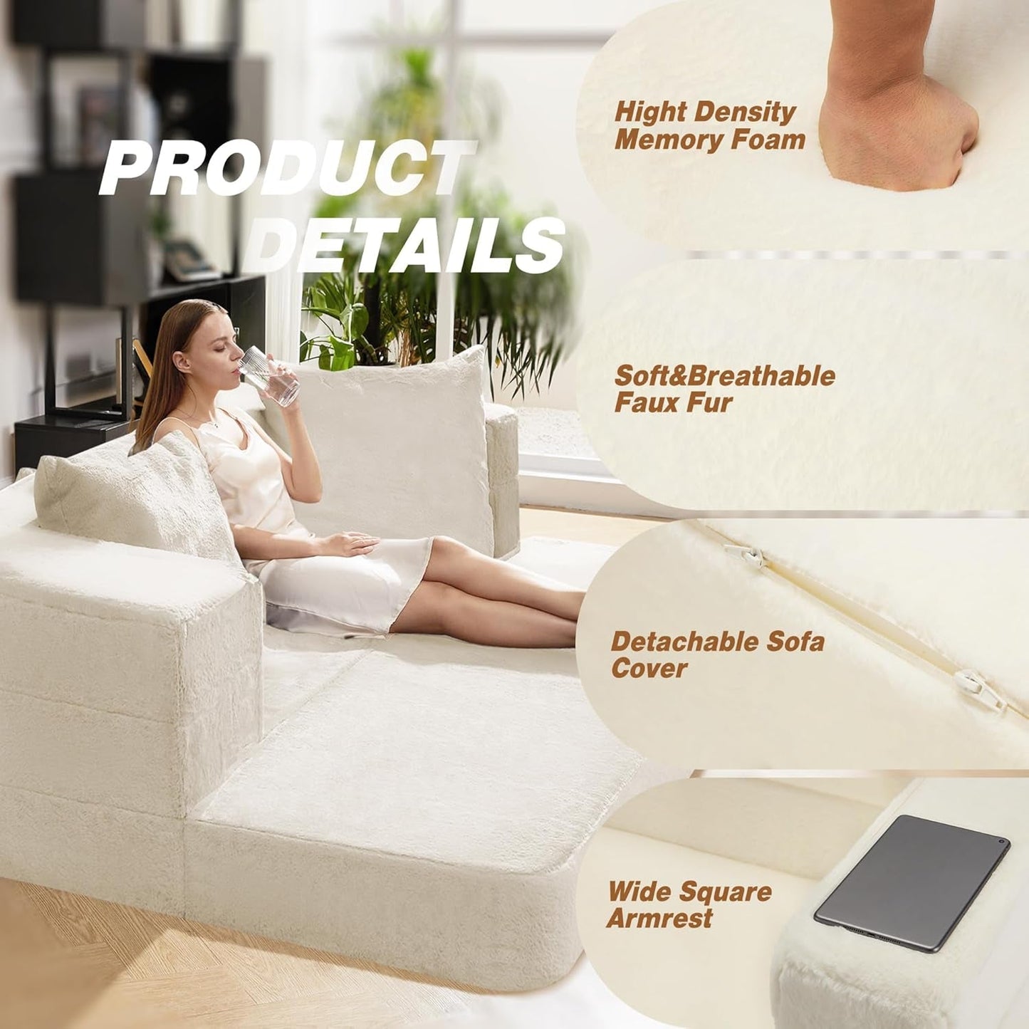 Milky White Large 3-in-1 Folding Bean Bag Couch-4