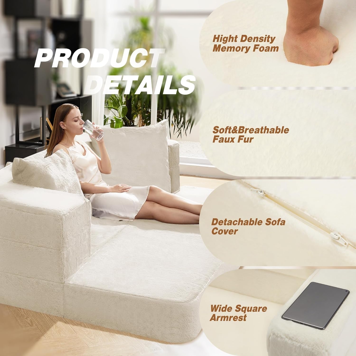 Milky White Large 3-in-1 Folding Bean Bag Couch-4