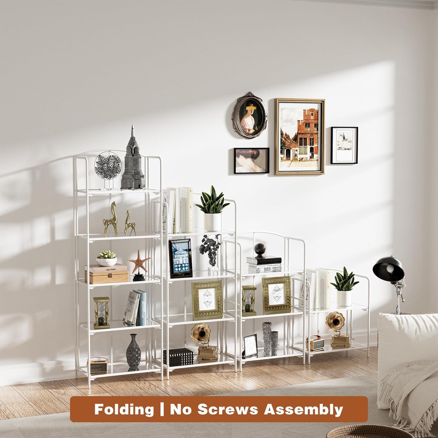 No Assembly Folding Bookshelf for Living Room, 4 Tier White Collapsible Book Shelf for Home Office, Portable Bookcase Storage Organizer-1