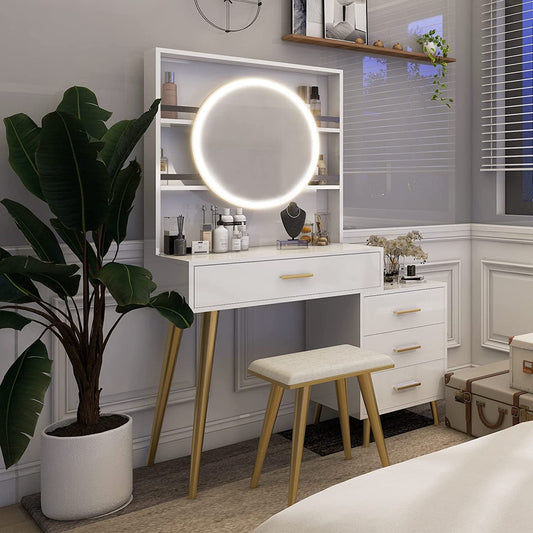 White Vanity Desk with Mirror and Lights, 5 Drawers-1