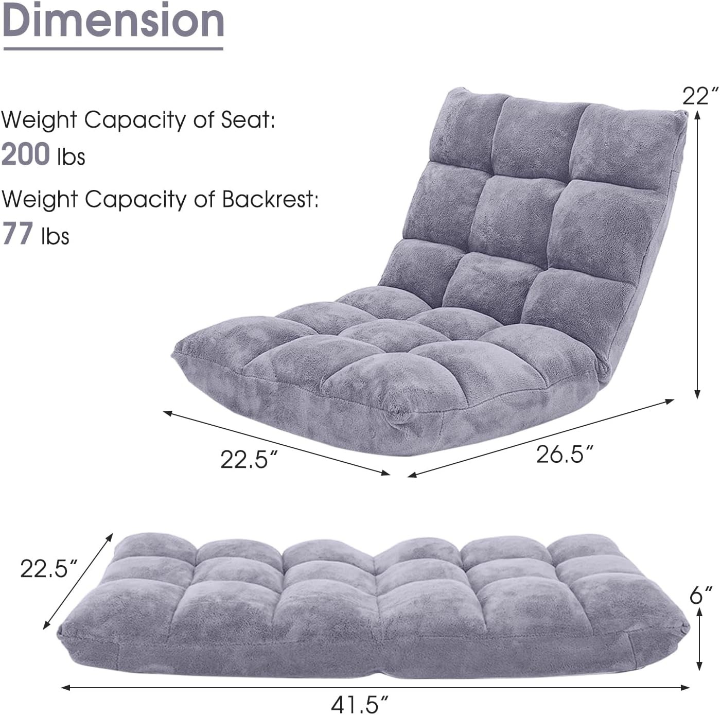 Floor Chair with Back Support, Folding Sofa Chair with 14 Adjustable Position, Padded Sleeper Bed, Couch Recliner, Floor Gaming Chair, Meditation Chair, Gaming Floor Chairs for Adults(Grey)-3
