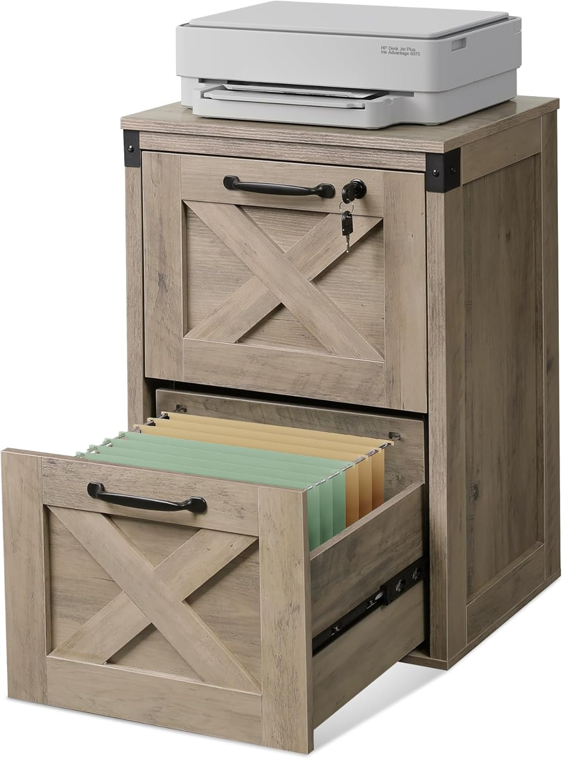 2 Drawer File Cabinet with Lock, Wood Farmhouse Filing Cabinet for Home Office, Printer Stand Fits Letter and A4 Size, Gray Oak-0