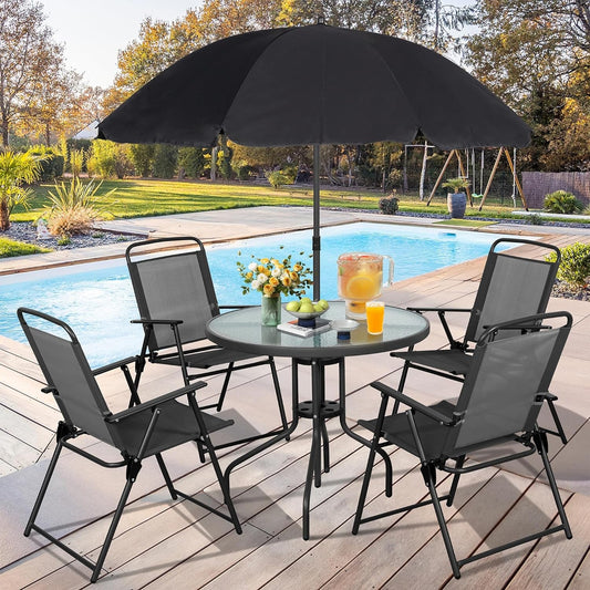 6 Piece Folding Patio Dining Set,Small Metal Outdoor Garden Patio Table and Chair Set W/Umbrella for Lawn,Deck,Backyard,Black-0