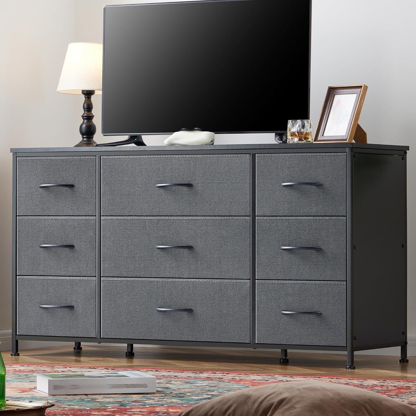 Dresser, Dresser for Bedroom with 9 Drawers, Wide Dresser TV Stand for 55” TV Stand for Bedroom Dresser Long Dressers & Chests of Drawers, Metal Frame&Wood Top, Closet, Hallway, Grey-1