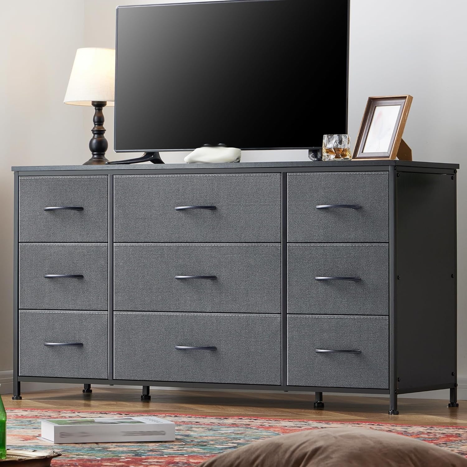 Dresser, Dresser for Bedroom with 9 Drawers, Wide Dresser TV Stand for 55” TV Stand for Bedroom Dresser Long Dressers & Chests of Drawers, Metal Frame&Wood Top, Closet, Hallway, Grey-1