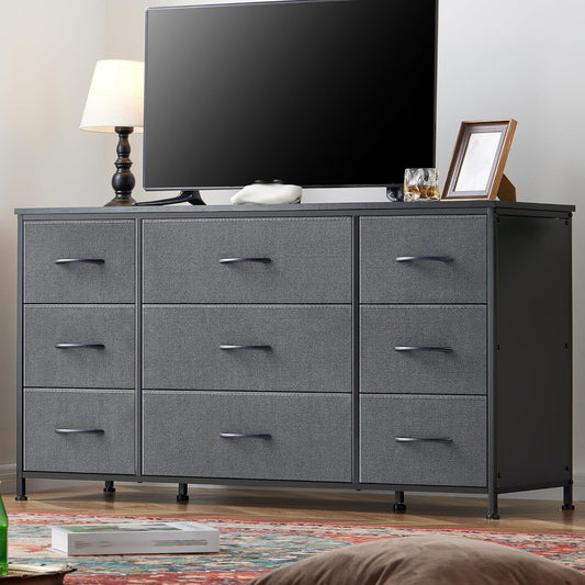 Dresser, Dresser for Bedroom with 9 Drawers, Wide Dresser TV Stand for 55” TV Stand for Bedroom Dresser Long Dressers & Chests of Drawers, Metal Frame&Wood Top, Closet, Hallway, Grey-1