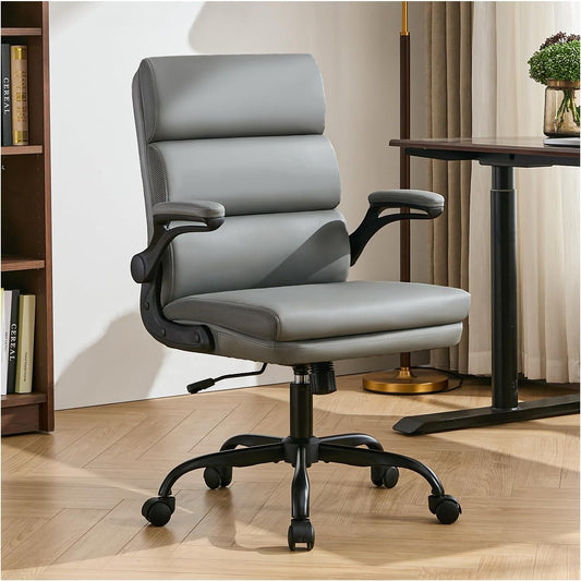 Office Chair Adjustable Desk Chair Mid Back Executive Comfortable Bonded Leather Ergonomic Back Support Home Computer Chair with Padded Flip-Up Armrest Swivel Wheels (Gray)-0