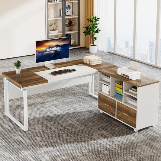 L-Shaped Executive Desk with Reversible File Cabinet, 63" Office Desk with Storage Drawers, Computer Desk Set (Oak Karo & White)-0
