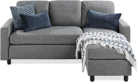 Compact Gray Linen Sectional Sofa with Chaise Lounge-0