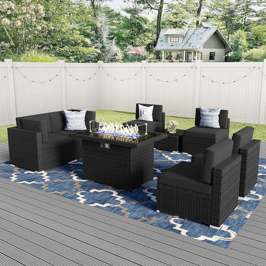 8 Pieces Patio Furniture Set with 44" Propane Gas Fire Pit Table, Outdoor Sectional Wicker Conversation Sofa Sets with Coffee Table-0