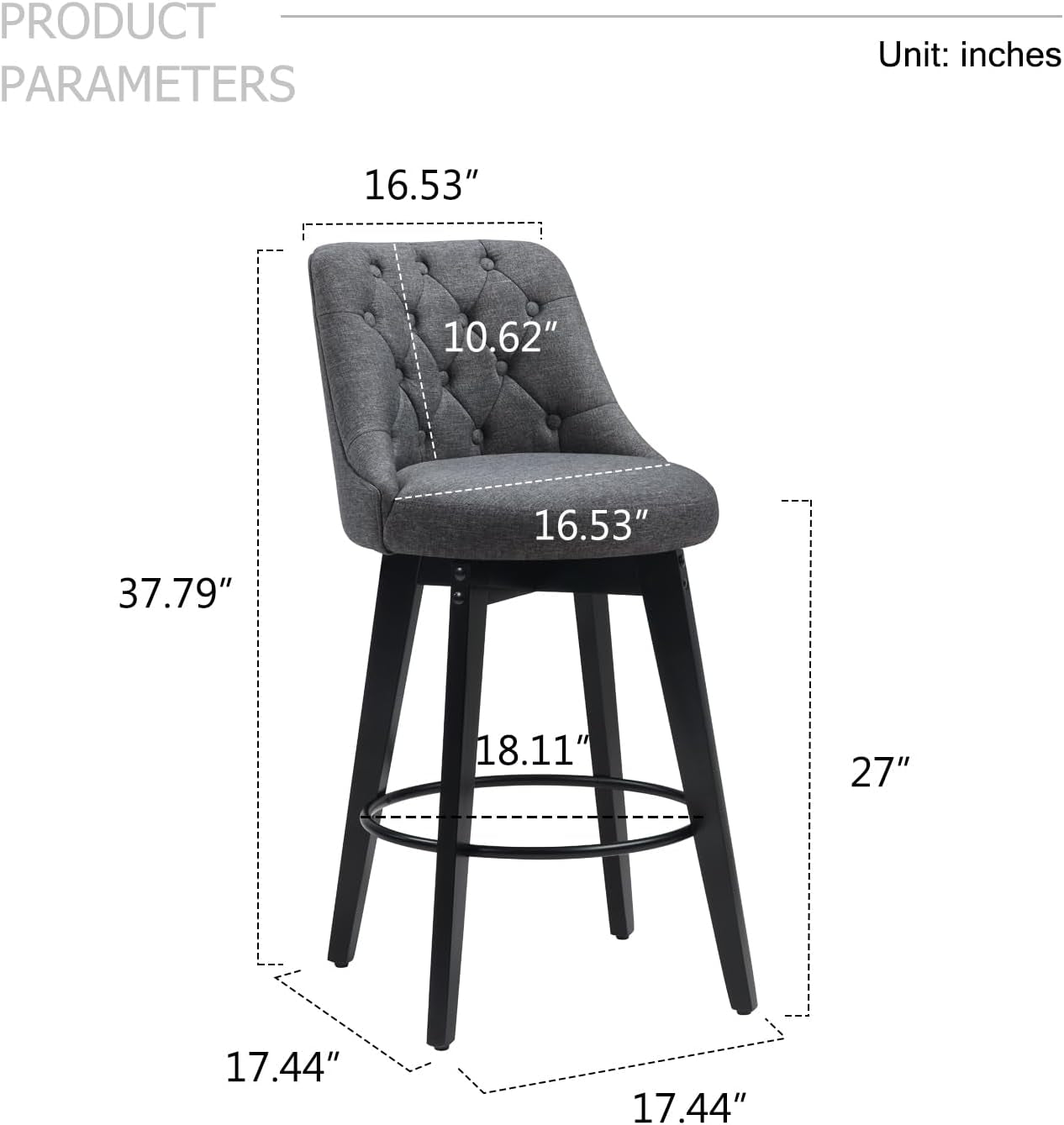 Bar Stools Set of 2, Swivel Barstools with Backs and Wood Legs, 27" Linen Fabric Upholstered Bar Chairs for Kitchen Island, Dining, Cafe, Pub（Grey）-2
