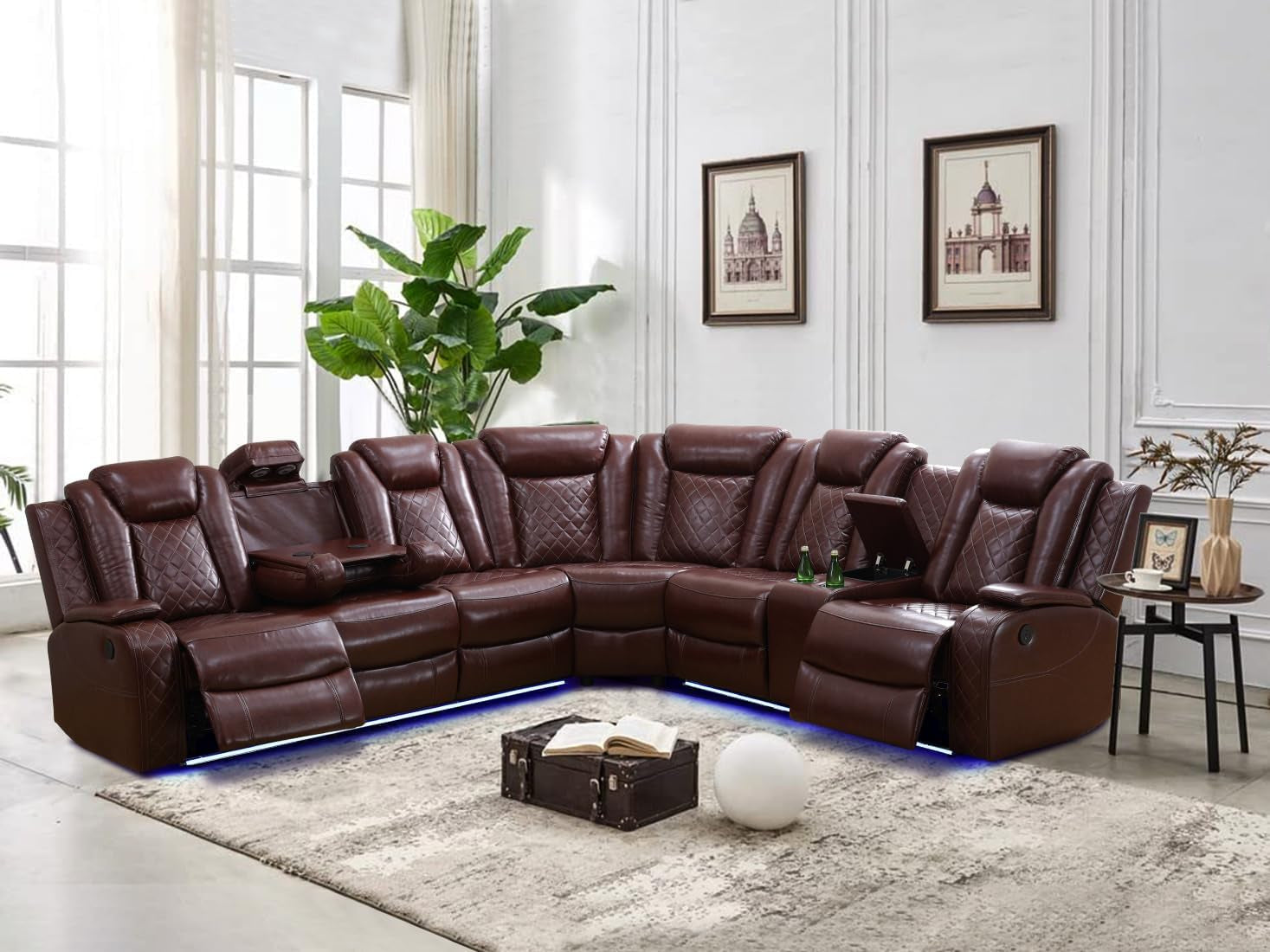 Living Room Set  Brown L-Shaped Leather Sofa Living Room Furniture Set Power Recliner Adjustable Sofa, Loveseat, Chair with Cup Holder/Storage Console/Led Light/Ups Port for Office, Living Room-0