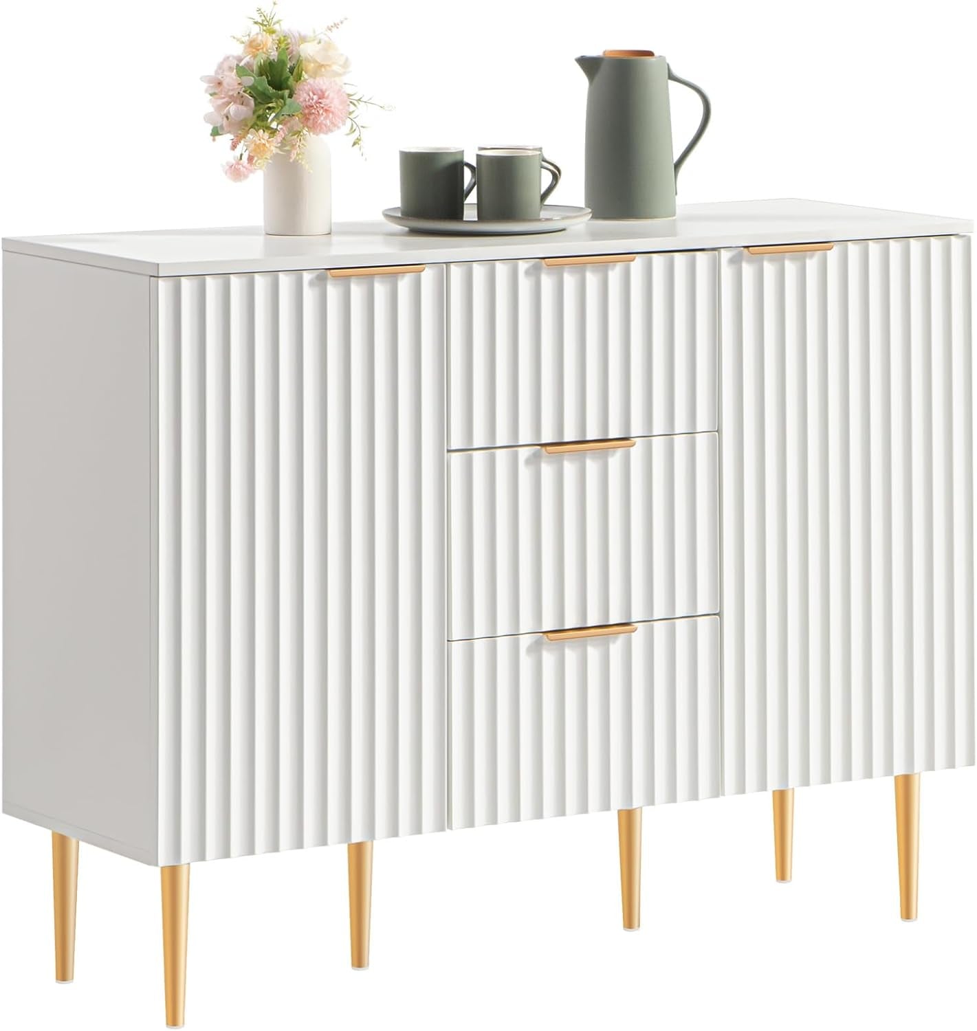White Glossy Fluted Buffet Cabinet with 3 Drawers-1