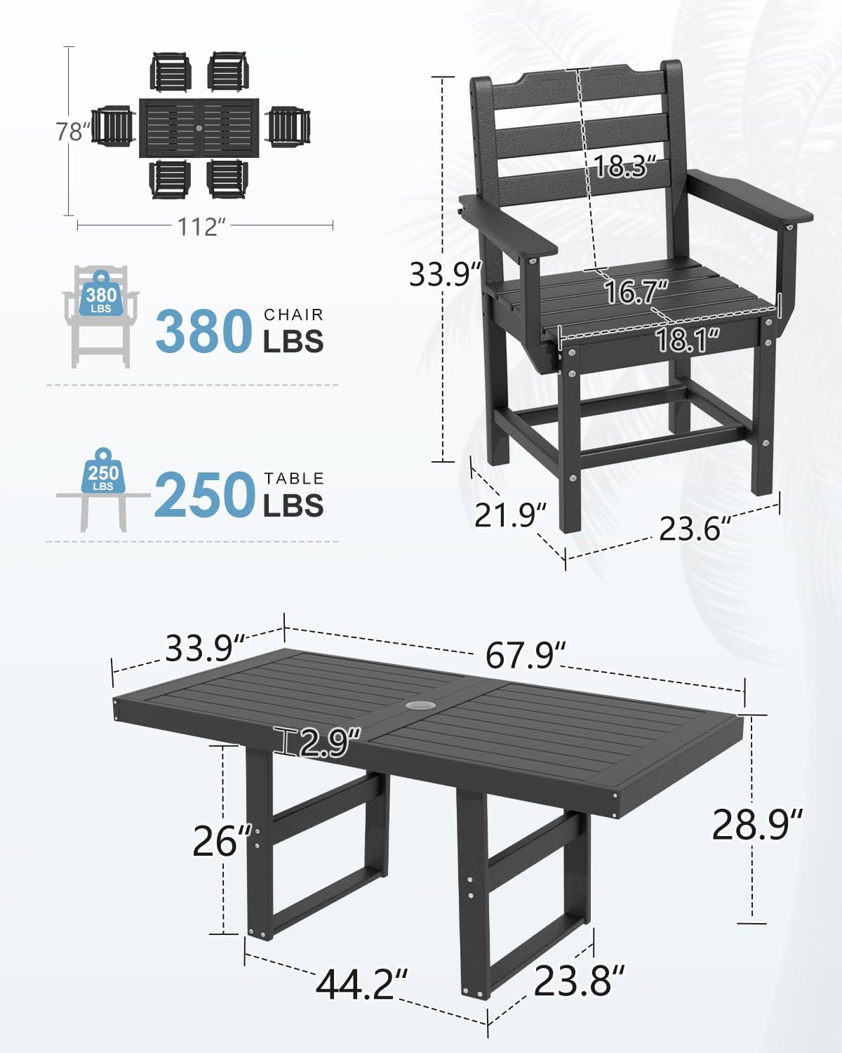 7-Piece Outdoor Dining Set for 6 - All-Weather Patio Furniture HDPE Table with Umbrella Hole and Chairs for Garden, Backyard, Poolside,Balcony, Black-4