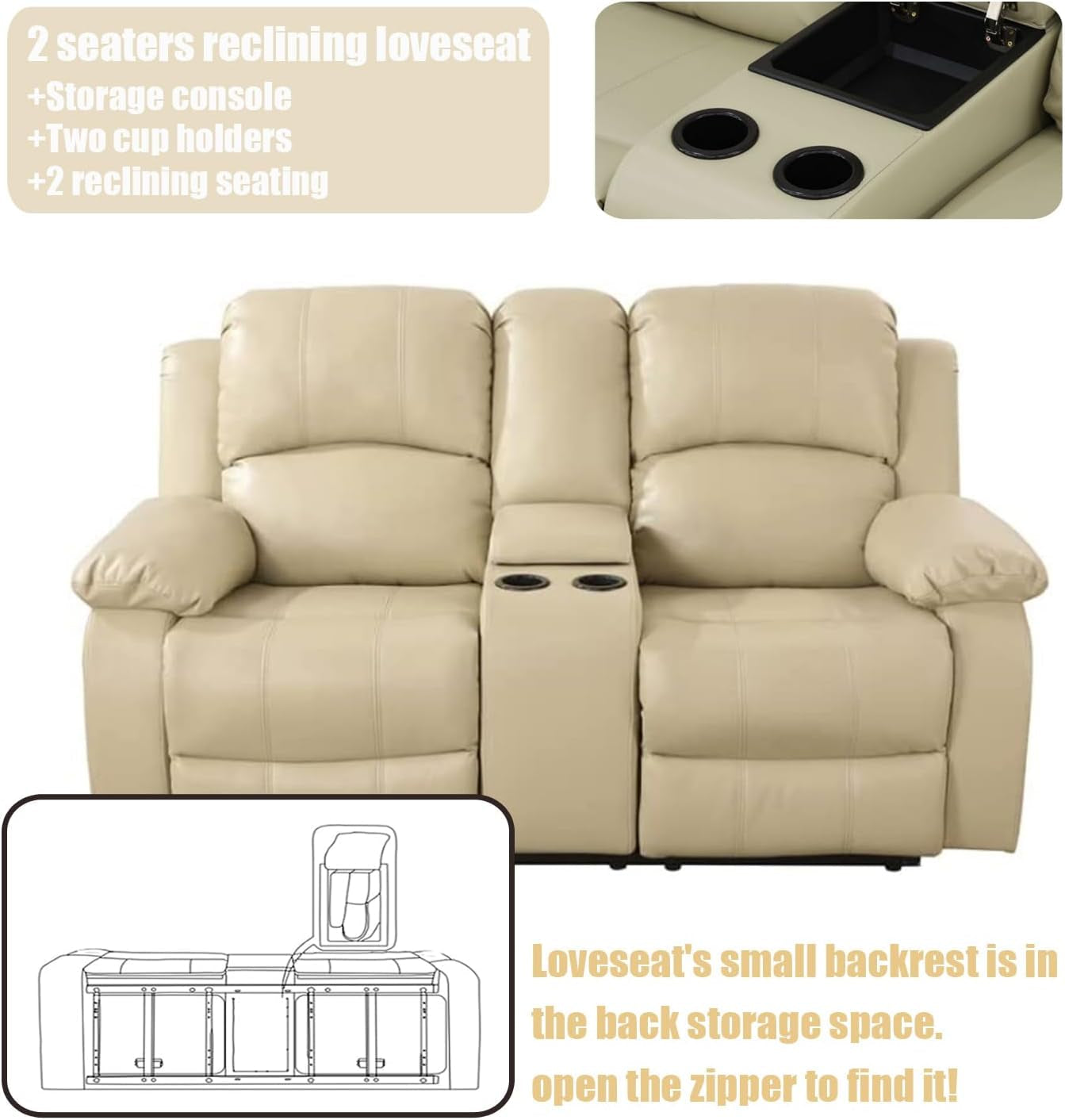 Beige Leather Reclining Sofa Set for Living Room Set,Recliner Sofa with Drop down Table/Double Recliner Loveseat with Storage Console/Recliner Chair/Faux Leather-3