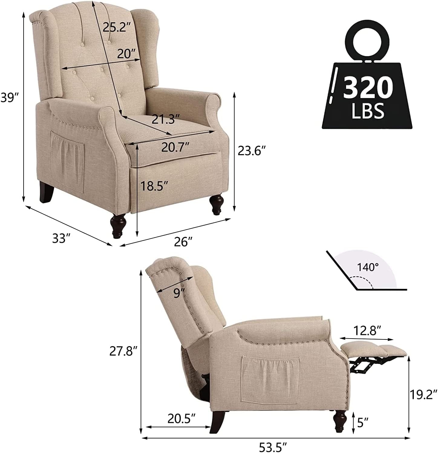 Wingback Recliner Chair with Massage and Heat-2