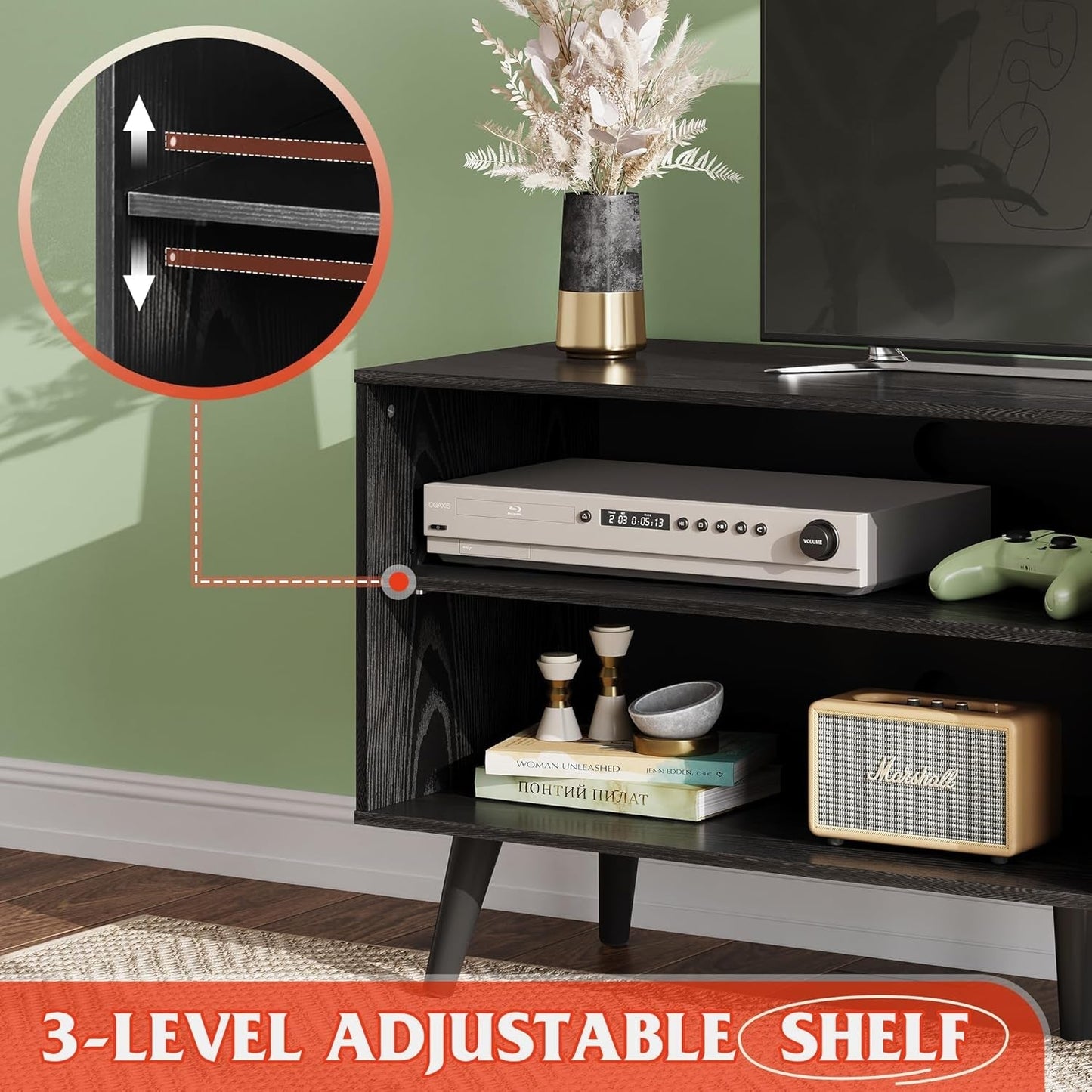 TV Stand for 55 Inch Tvs, Entertainment Center with Storage Cabinet, Mid-Century TV Stands for Living Room and Bedroom, 50" TV Console, Black-3